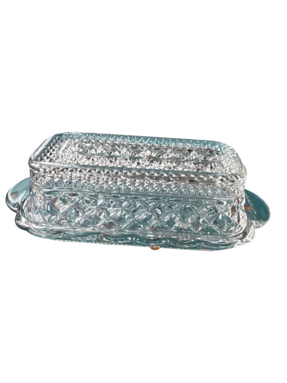 Wexford By Anchor Hocking Covered Clear Glass Butter Dish Diamond Cut w/ Lid Vtg